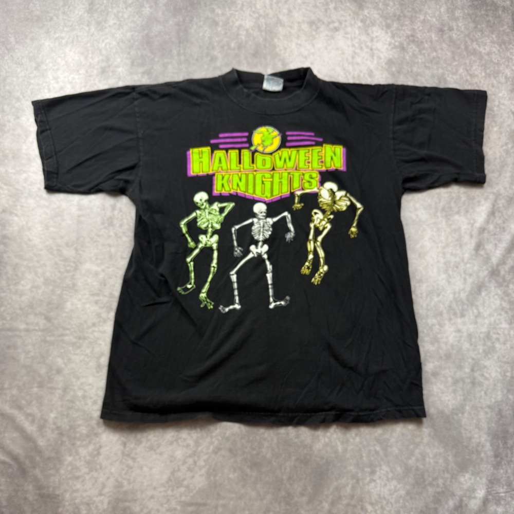 Vintage AllSport Halloween Knights Skeleton T-Shirt Black XL Dancing Graphic